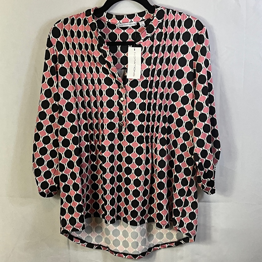 Notations Pink, White, and Black Polka Dot V-Neck Blouse Size Large